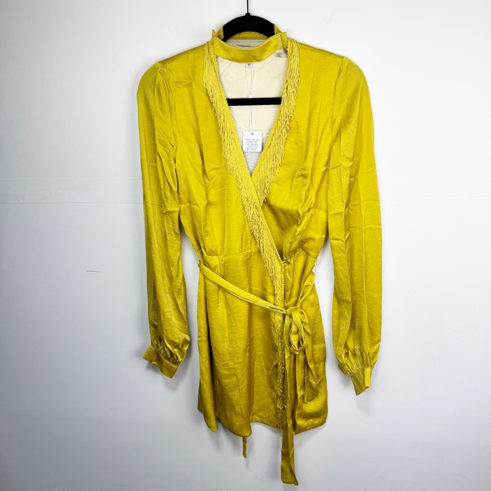 Brittany Aldean Yellow Wrap Fringe Dress Removable Collar & Belt Size Medium NEW